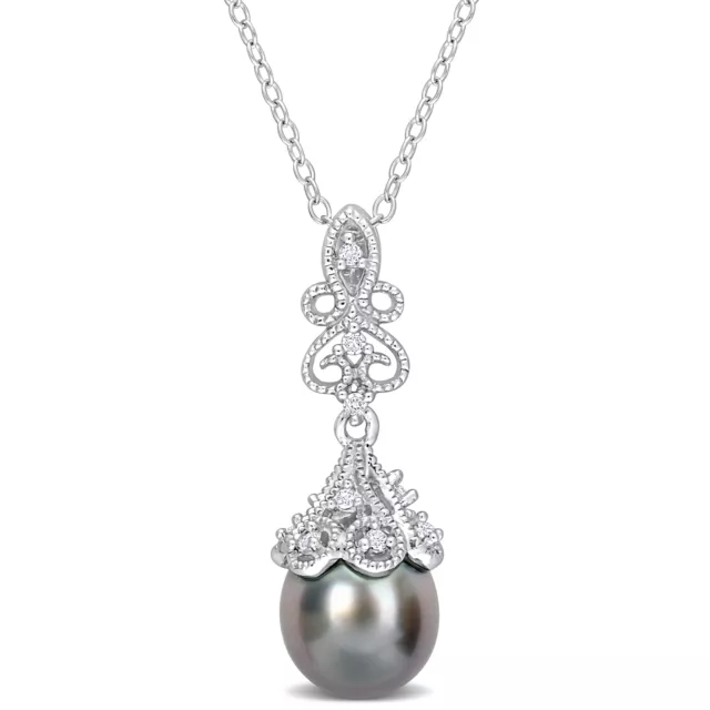 Amour Sterling Silver Tahitian Pearl & 1/8 CT TGW White Topaz Drop Pendant Chain