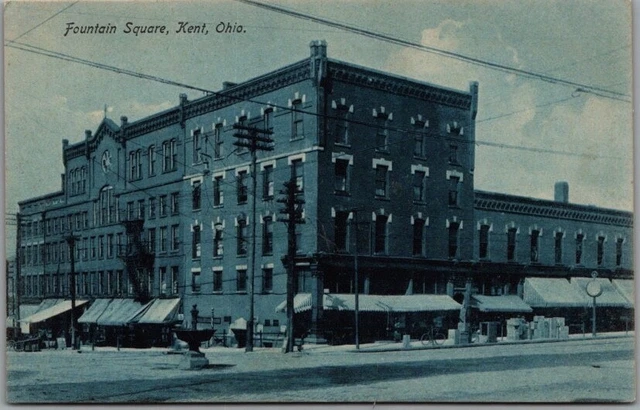 Vintage 1910s KENT, Ohio Postcard FOUNTAIN SQUARE Downtown Street Scene / Unused