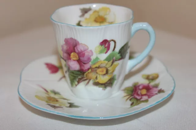 Shelley Begonia Demitasse Cup & Saucer Set, Tiny & Beautiful!, Blue Trim