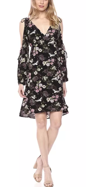 NWT Kensie Floral Cranes Black/Multi Cold Shoulder Tie Dress Women's Size M