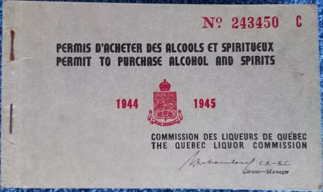 Quebec Liquor Commission Permit To Purchase Alcohol 1944 1945