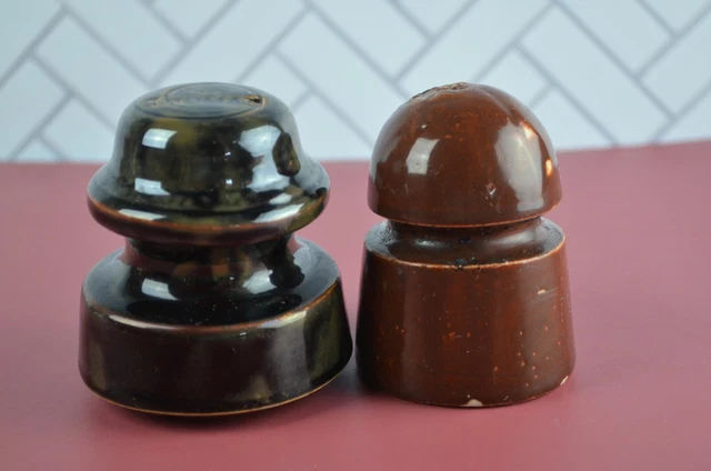 Vintage Two Piece Set THOMAS Brown Terracotta Ceramic Power Line Insulator Decor