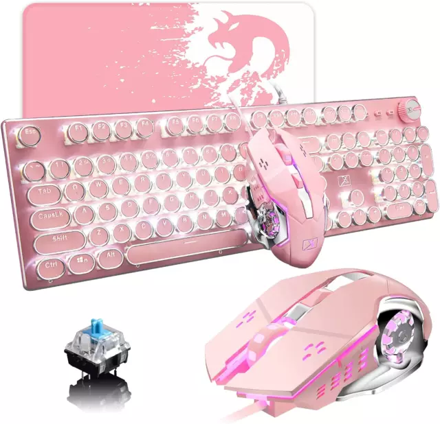 Pink Typewriter Keyboard and Mouse,Retro Vintage Mechanical Gaming Keyboard With