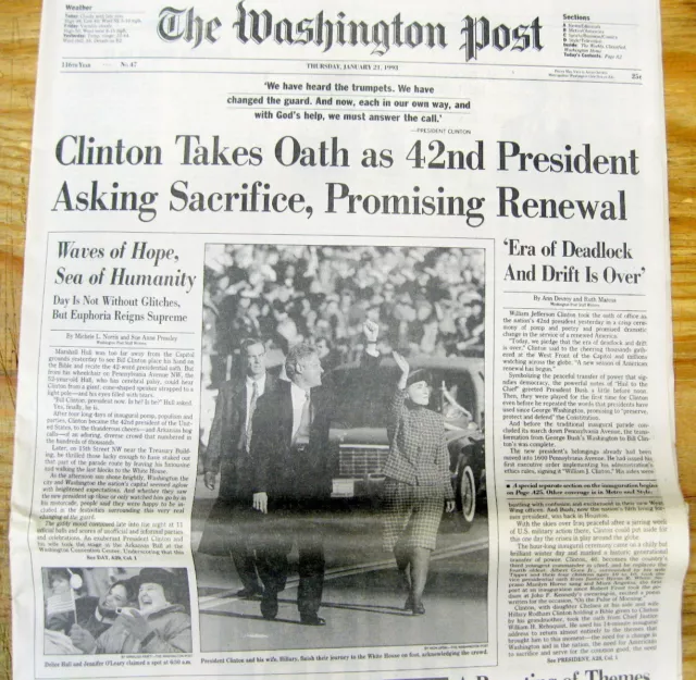 Best 1993 display newspaper w first INAUGURATION of BILL CLINTON as US PRESIDENT