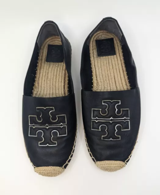 Tory Burch Sz 10 Ines Black Leather Logo Jute Espadrilles