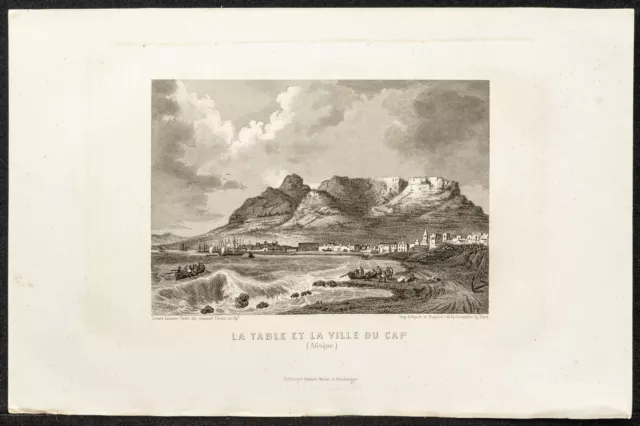 1862 - Le Cap et montagne de la Table - Gravure ancienne - Afrique du sud