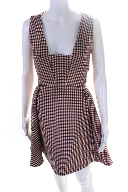 Christian Dior Womens Wool Plaid Square Neck Mini A Line Dress Red White Size 8