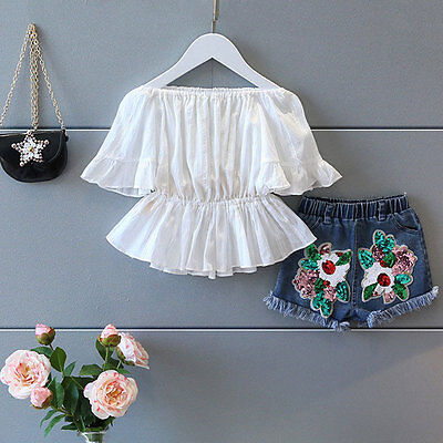 2pcs Summer Kids Baby Girls Outfit Off Shoulder Tops+ Denim shorts Clothes Set