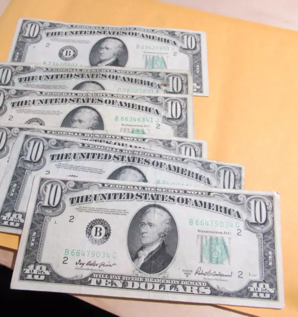 Antique 1950 Ten Dollar $10 Old US Currency Federal Reserve Note, Green Seal