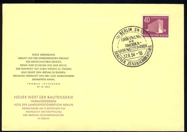 122 Berliner Bauten 40 Pf Gedenkbibliothek 1954 - amtlicher FDC