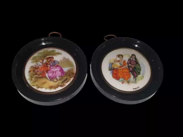 x 2 Vintage French LIMOGES Framed Porcelain Miniature Round Wall Plaques