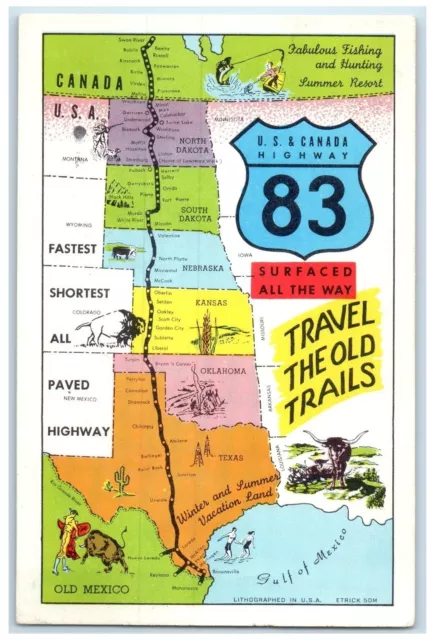 1963 Travel The Old Cattle Trails US & Canada Route Map Texas TX Posted Postcard