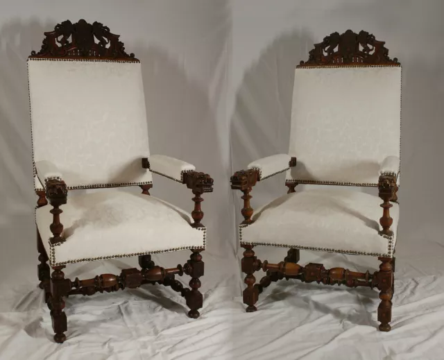 ANTIQUE PAIR 19th CENTURY ORNATE DARK WOOD CARVED GOTHIC REVIVAL THRONE CHAIRS