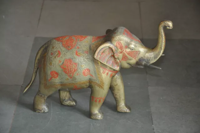 Old Brass Handcrafted Inlay Engraved Lacquer Work Solid Heavy Elephant Figurine