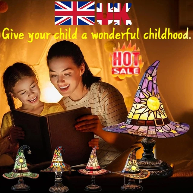Stained Glass Witch Hat Lamp – Handcrafted Resin Gothic Night Light, USB Powered, Purple, 18cm – Halloween & Witchcore Decor