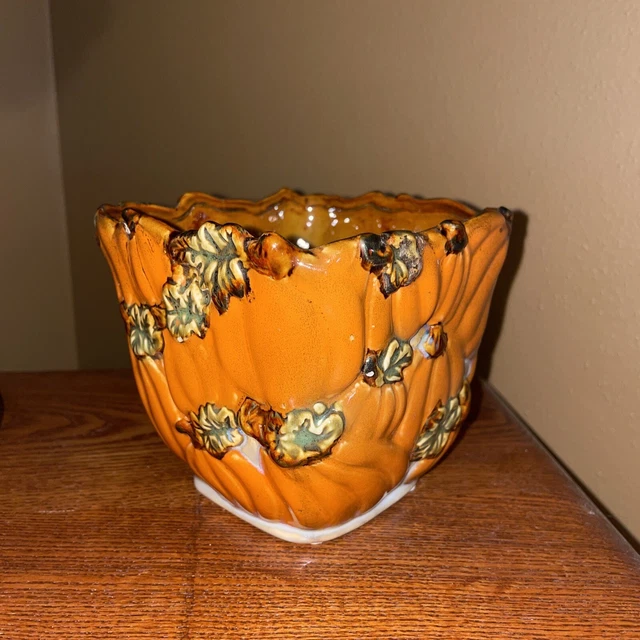 Pumpkin Planter Ceramic Ruffle Edge Orange Brown Cache Pot Fall Halloween