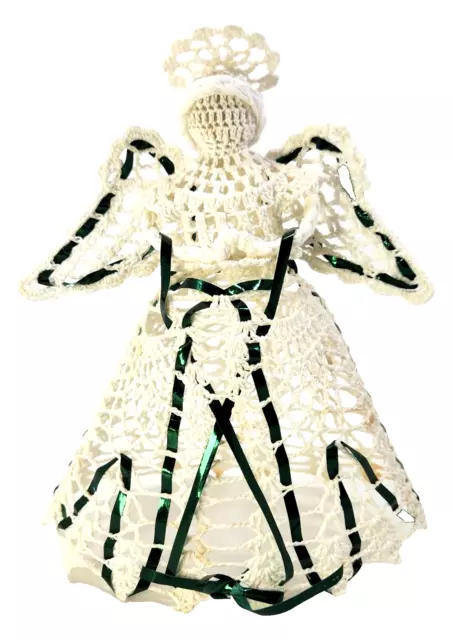 Handmade Crocheted Angel Tree Topper Green Ribbon Table Top *Marks/Stains Read!*