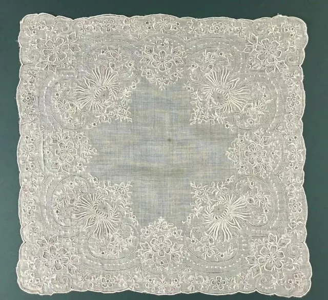 ATQ Madeira Elaborate Embroidery Chrysanthemum Linen Bridal Wedding Handkerchief