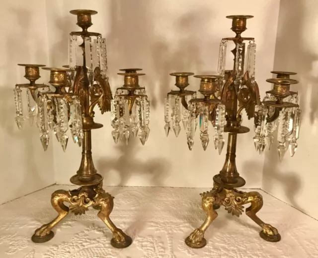 Pair French Napoleon III Empire Gilt Candelabra with Cut Glass Prisms c1850-1870