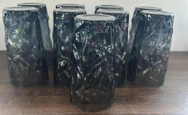 Set of 9 Smoke Gray Glass Tumblers Morgantown Crinkle Seneca Driftwood 5” 12oz