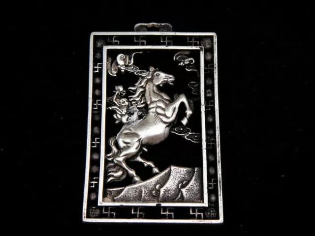 Tibetan Silver Highly Detail Crafted Pendant Zodiac Horse w/ Bats Blessing FU