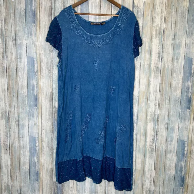 Raya Sun Dress 3x Boho Hippie Mini Blue Button Front Embroidered Plus Soft