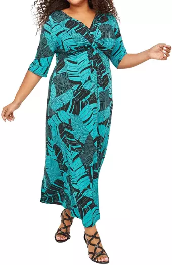 Catherines Plus Size Palm Rush Twist-Knot Teal Foliage Maxi Dress 5X, 34/36W