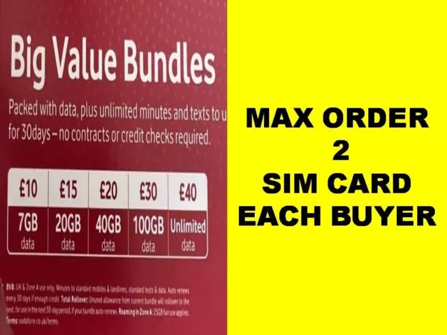 ULTIMA SIM CARD Vodafone UK 60 GB per £15 + chiamate TXT Pay As You Go tripla