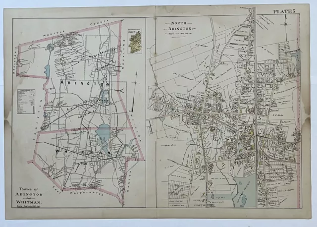 1903 Original Abington Whitman Map,MA Mass,Old,Bedford St,Wales North,Wales