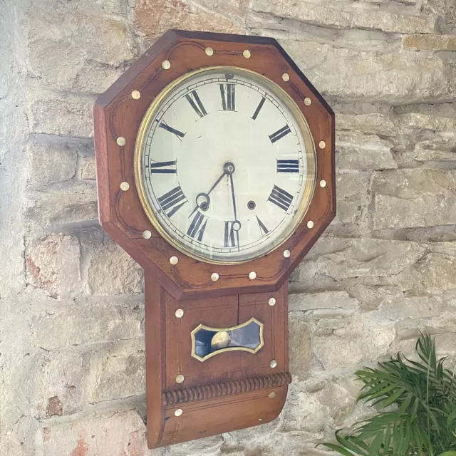 Antique Large 12” Oak Drop Dial Wall School Station Rail Wind Up Clock Ansonia?