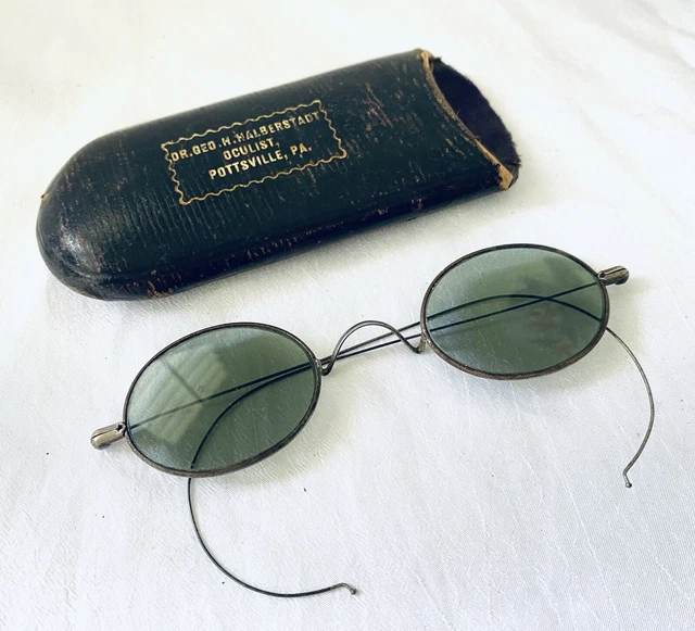 Antique Silver Tone Temples Green Lens Franklin Looking Eyeglasses w/  Tube Case