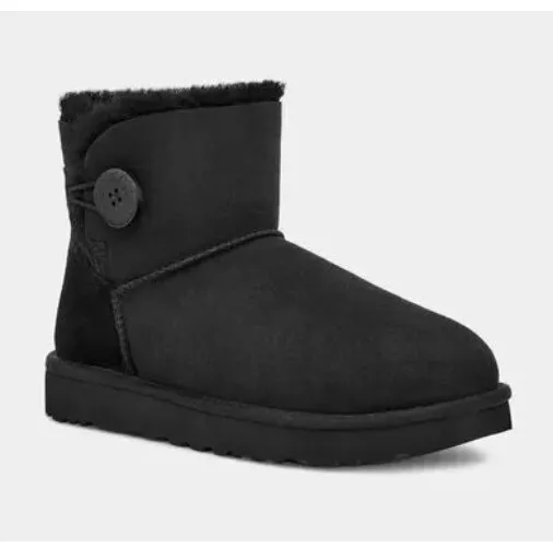 UGG Women’s Mini Bailey Button II Black Sheepskin Suede Ankle Cuff Boot Size 8