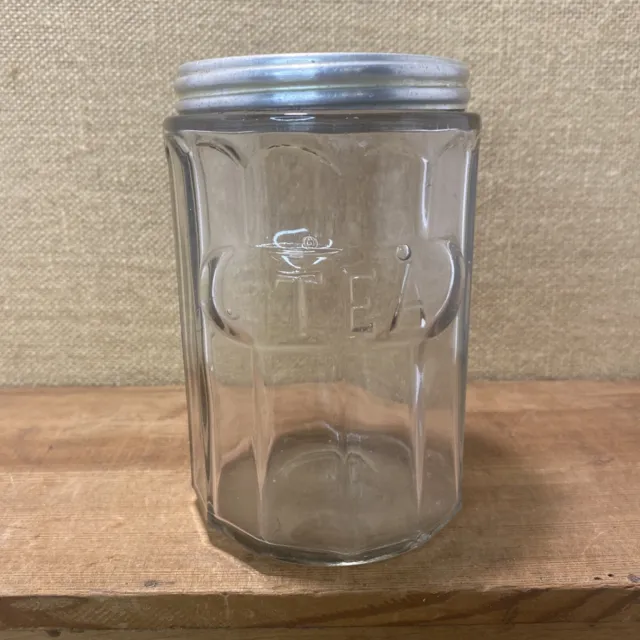 Vintage Glass Tea Canister Jar w Lid Hoosier Cabinet  5" Tall Antique W Bubbles