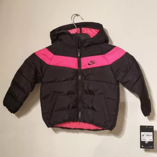Nike Baby Girls Puffer Jacket Hooded NSW Filled Coat Black Pink Age 18 Months