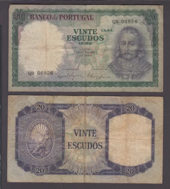 Portugal banknote P. 163 20 Escudos 26.7.1960 Ch. 6A VG-F We Combine   2003