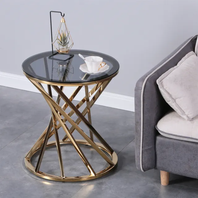 Modern Coffee Table Side End Table Round Tempered Glass Top Stainless Steel Gold