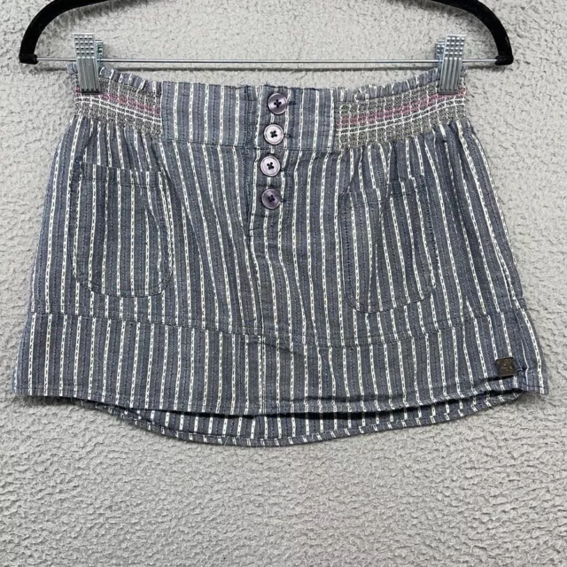 Roxy Womens Mini Skirt Stripe Gray White Button Pocket Elastic Waist Logo Size S