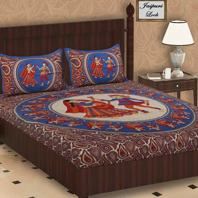 Drap double imprimé Rajasthani Jaipuri Sanganeri avec 2 taies d'oreiller