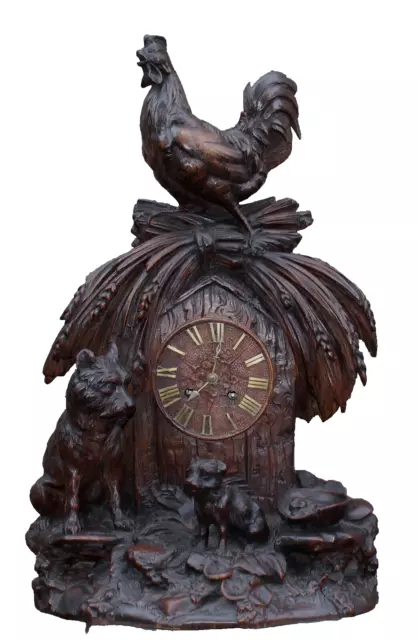 Importante Ancienne pendule horloge en bois sculpté forêt noir 3