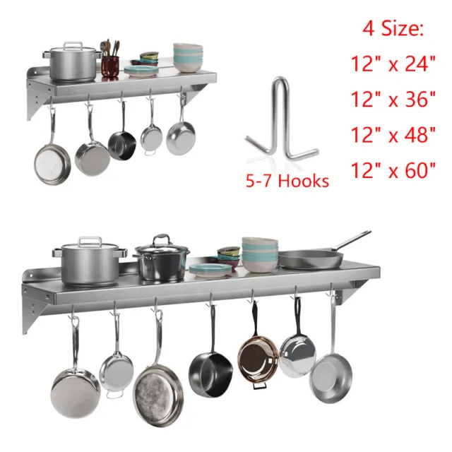 Stainless Steel Wall Shelf Commercial Kitchen Restaurant Shelving with Hooks