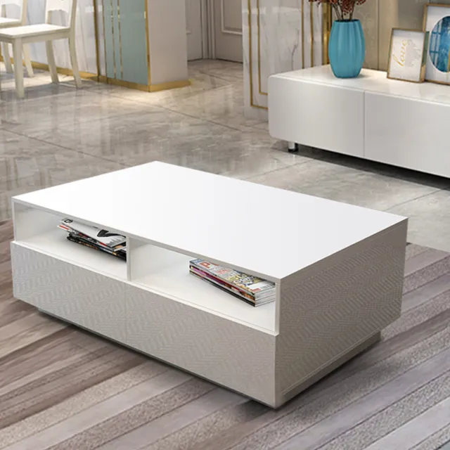 High Gloss White LED Light Coffee Table 4 Drawers Living Room Furniture White US