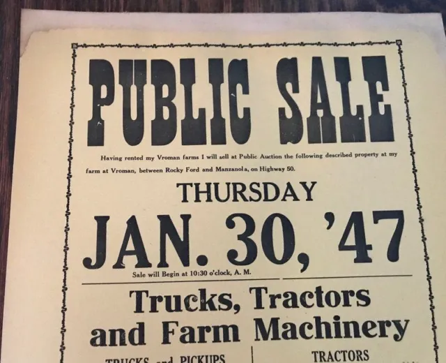 Vintage 1947 Public Auction Notice - Trucks, Tractors and ONE OLD HORSE!