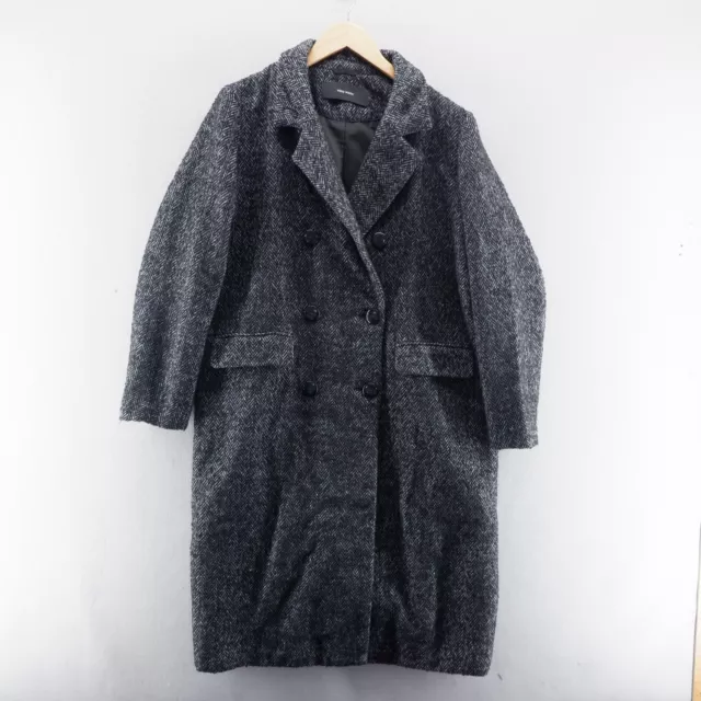 Vero Moda Womens Coat Large Grey Black Button Up Wool Tweed Long Overcoat