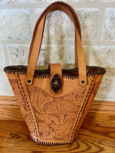 Vintage Hand Tooled Leather Handbag Purse Bag Western Flowers Embossed Cowgirl