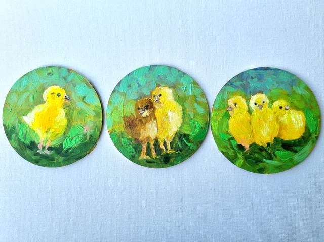 Pintura al óleo original pollitos pollos empaste pequeña decoración redonda...