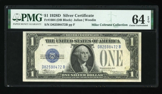 DBR Rare 1928-D $1 Silver Fr. 1604 DB Block PMG 64 EPQ Serial D82598472B