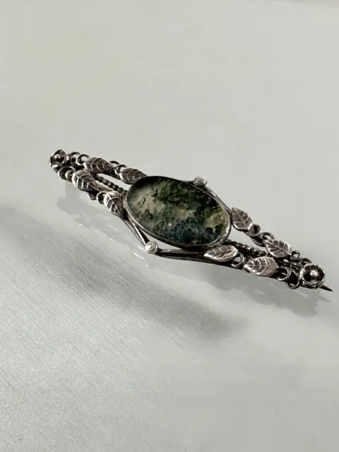Antique 925 Sterling Silver Victorian Moss Agate Floral Leaf Design  Pin Brooch