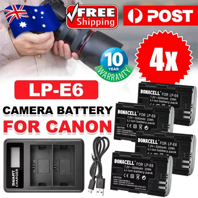 4X 3200mAh LP-E6 Battery + Charger For Canon EOS 5D 6D 7D 60D 70D 80D Mark III e