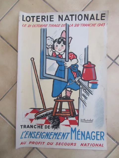 Affiche Loterie Nationale ROCHEFORT 1943 Enseignement ménager Secour National