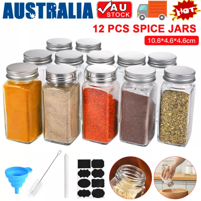 48x Clear Square Glass Jars Lid Spice Herb Seasoning Condiment Storage Container